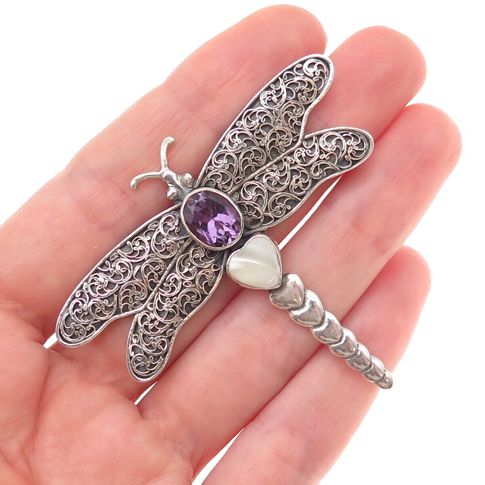 925 Sterling Silver Vintage Real Amethyst Floral Scroll Dragonfly Pin Brooch